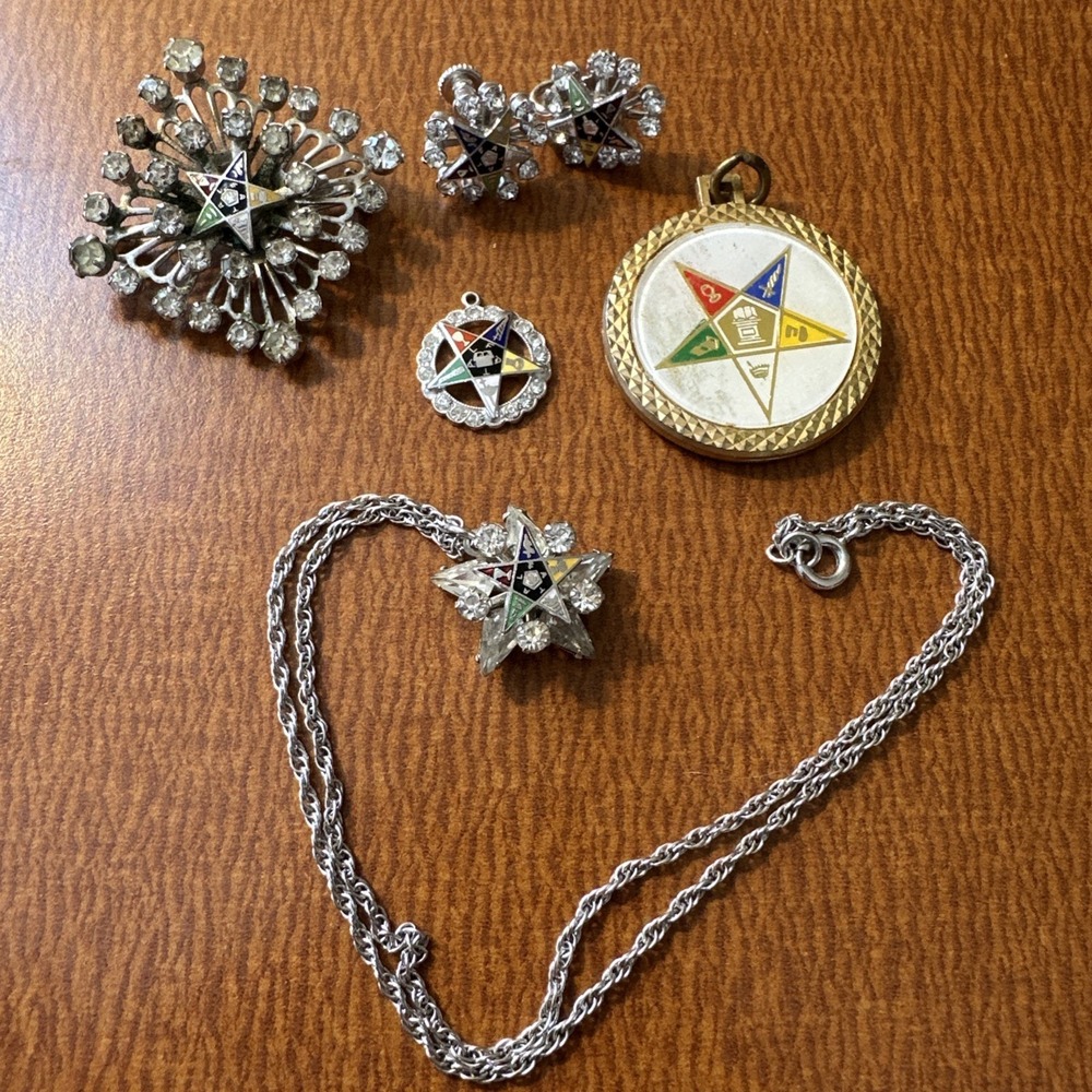 Diamond Rhinestones Order o/t Eastern Star Vintage Brooch, Pendants, Earrings